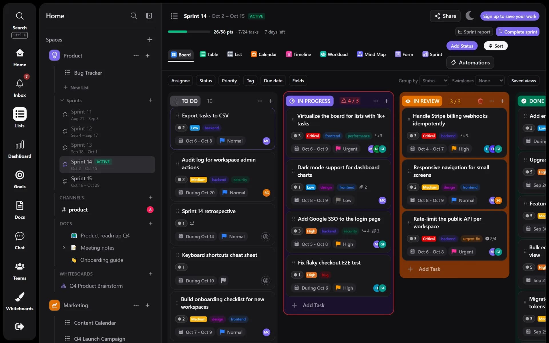 Board view with statuses, assignees and priorities