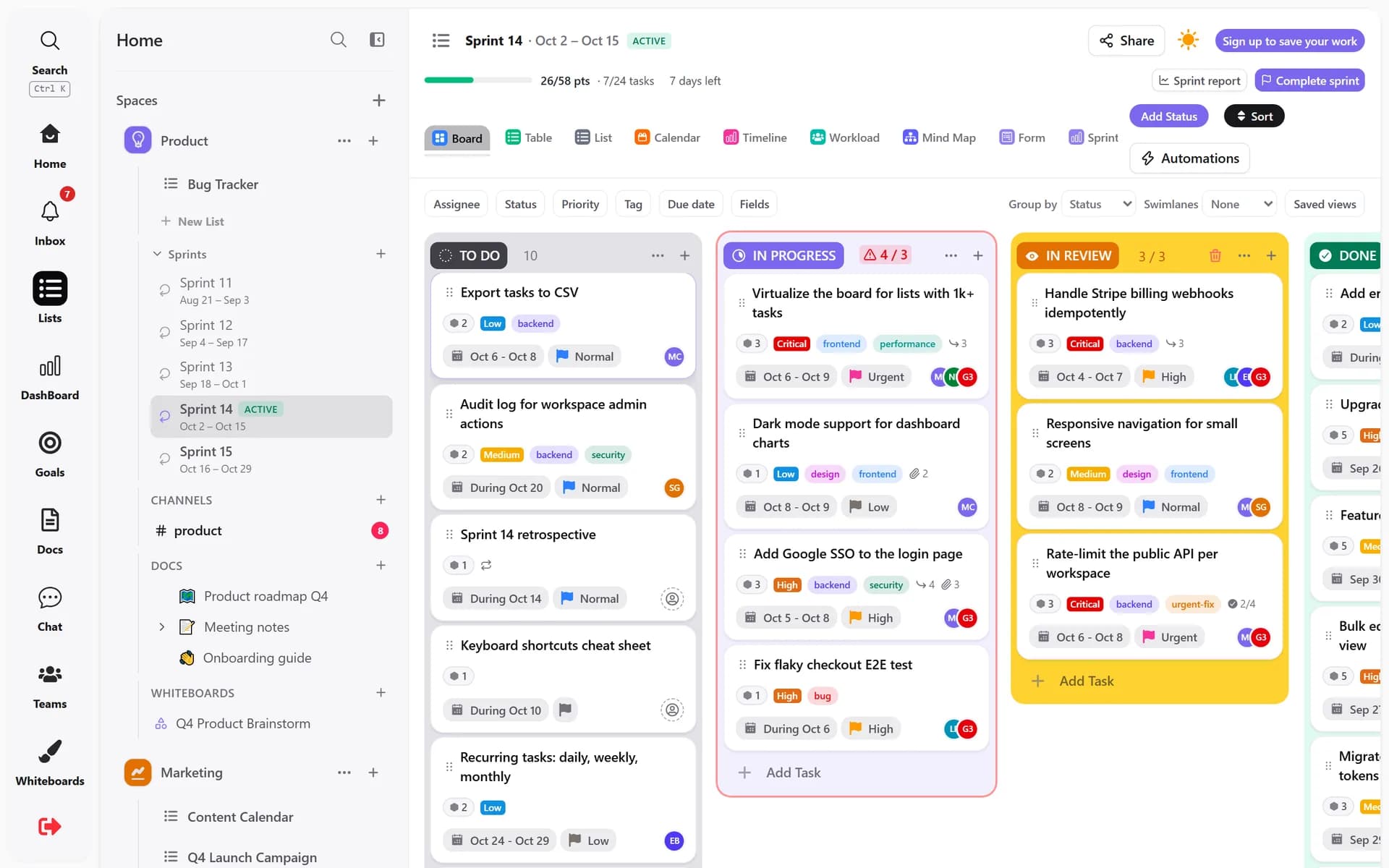 Board view with statuses, assignees and priorities