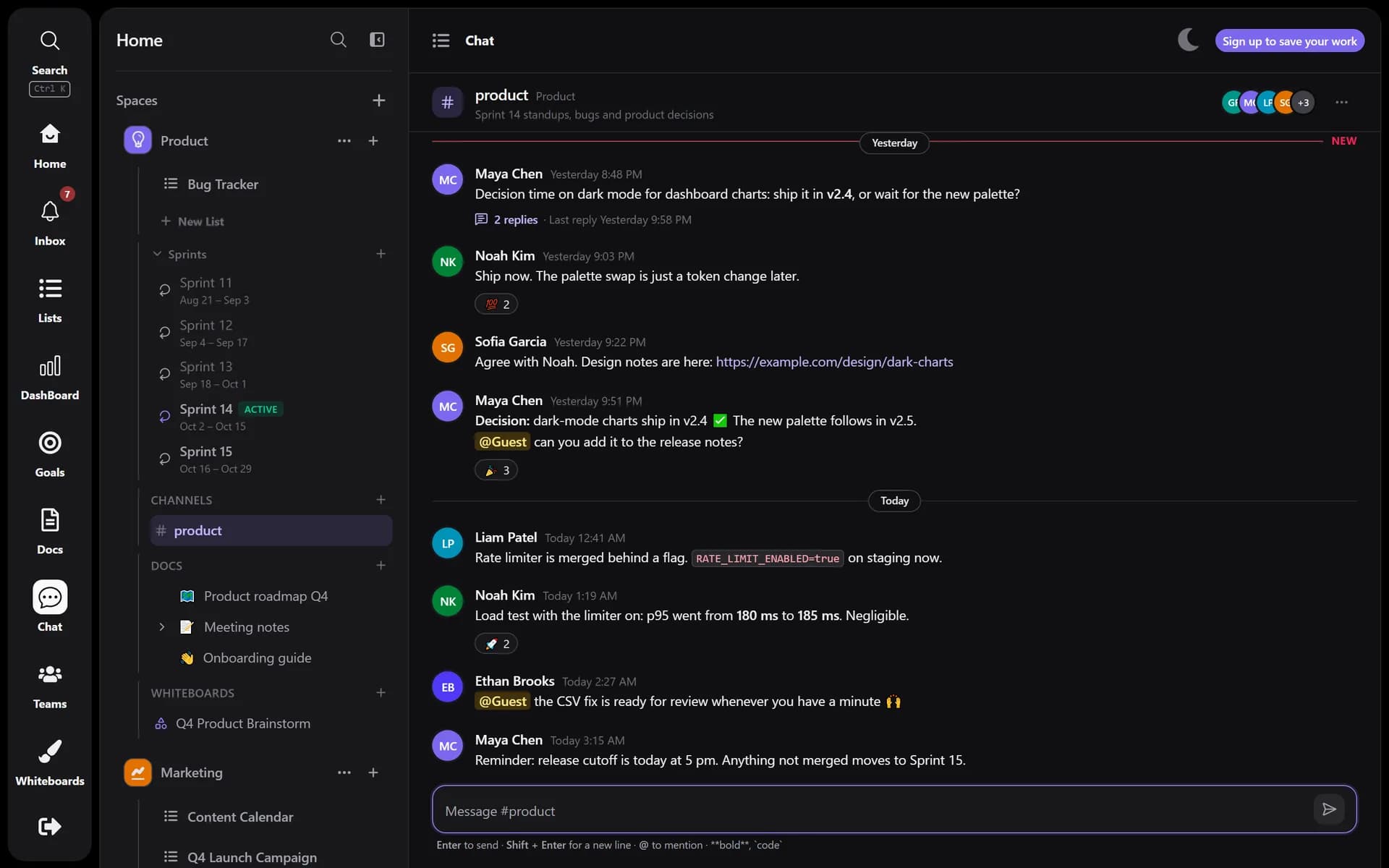 Product chat channel with mentions, reactions and a linked task