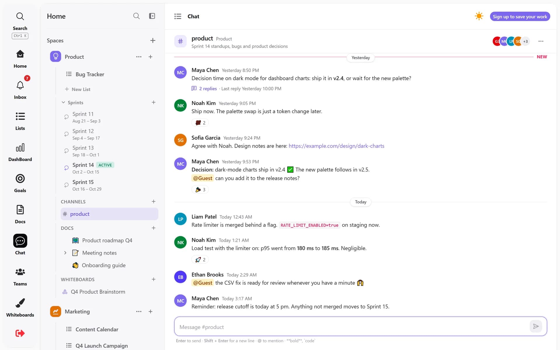 Product chat channel with mentions, reactions and a linked task