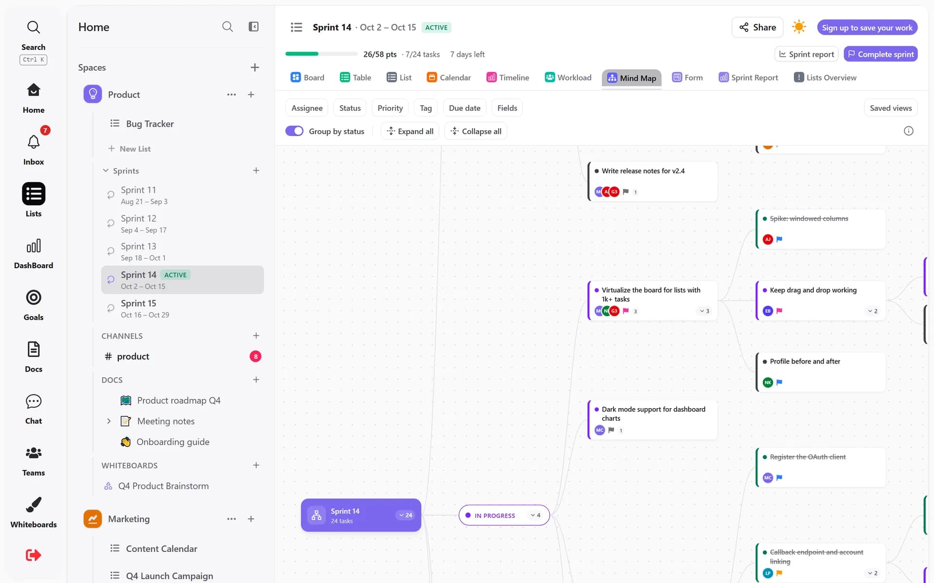 Mind map of a sprint's tasks and nested subtasks