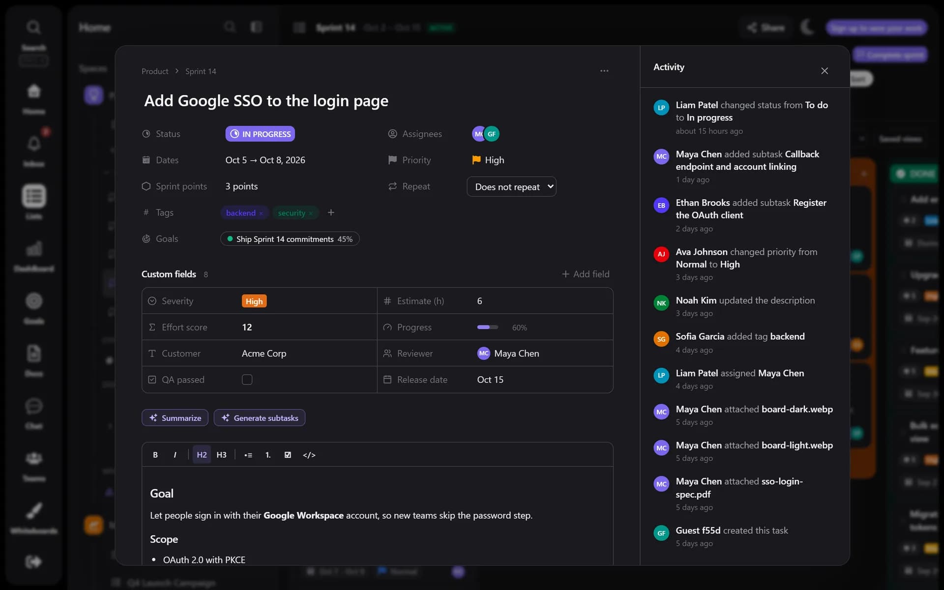 Task panel with description, subtasks and activity