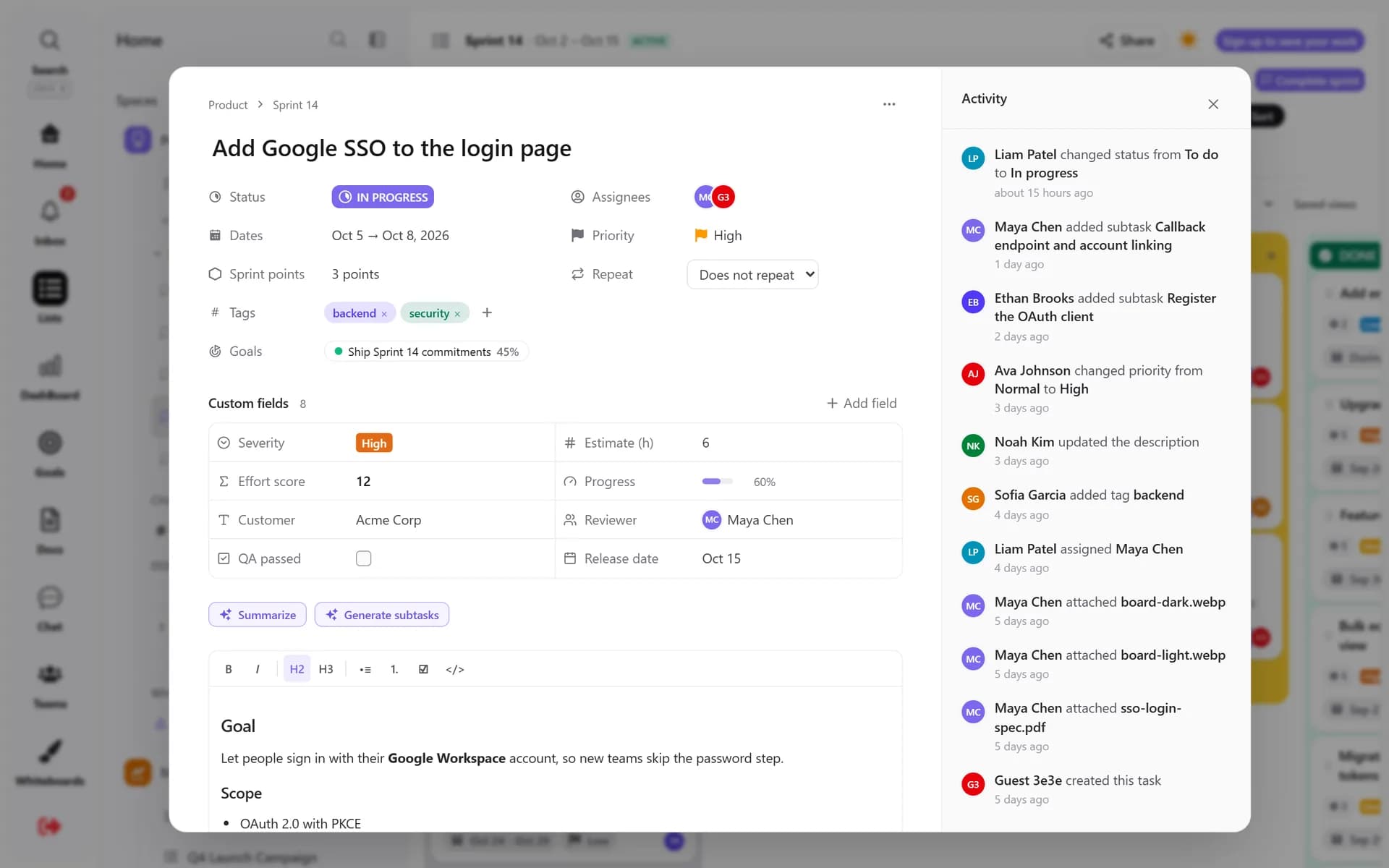 Task panel with description, subtasks and activity