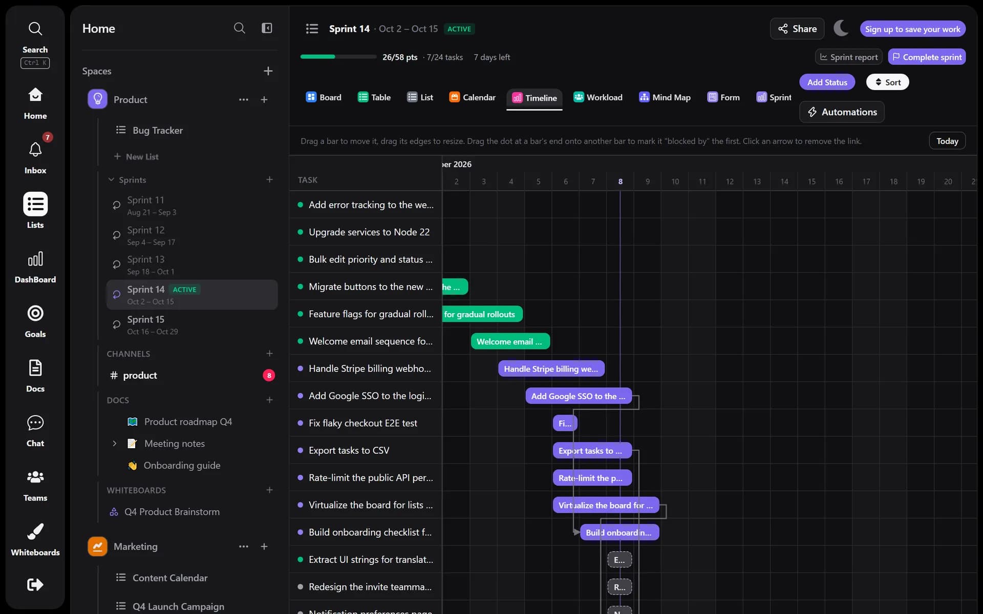 Timeline view with dependency arrows