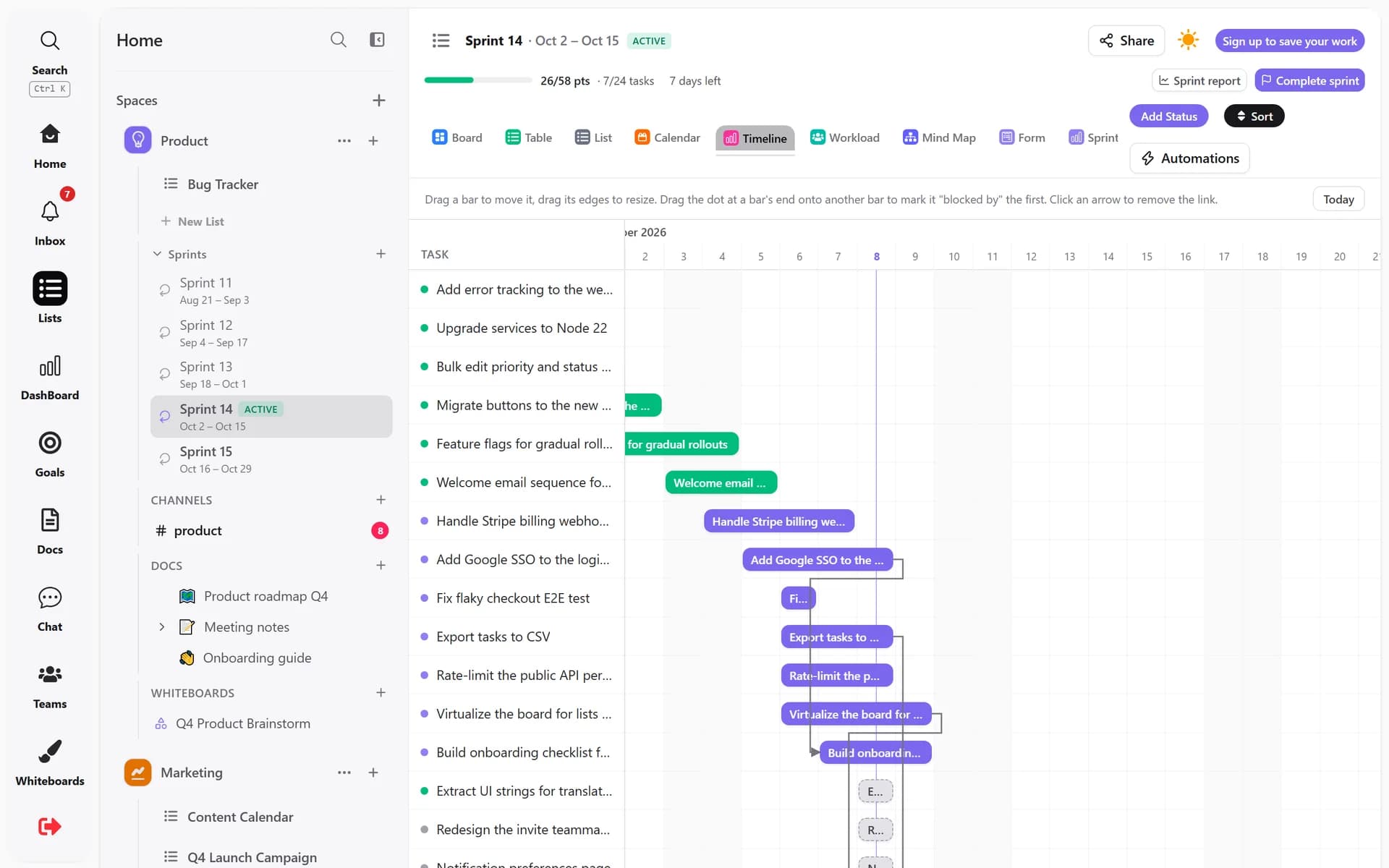 Timeline view with dependency arrows